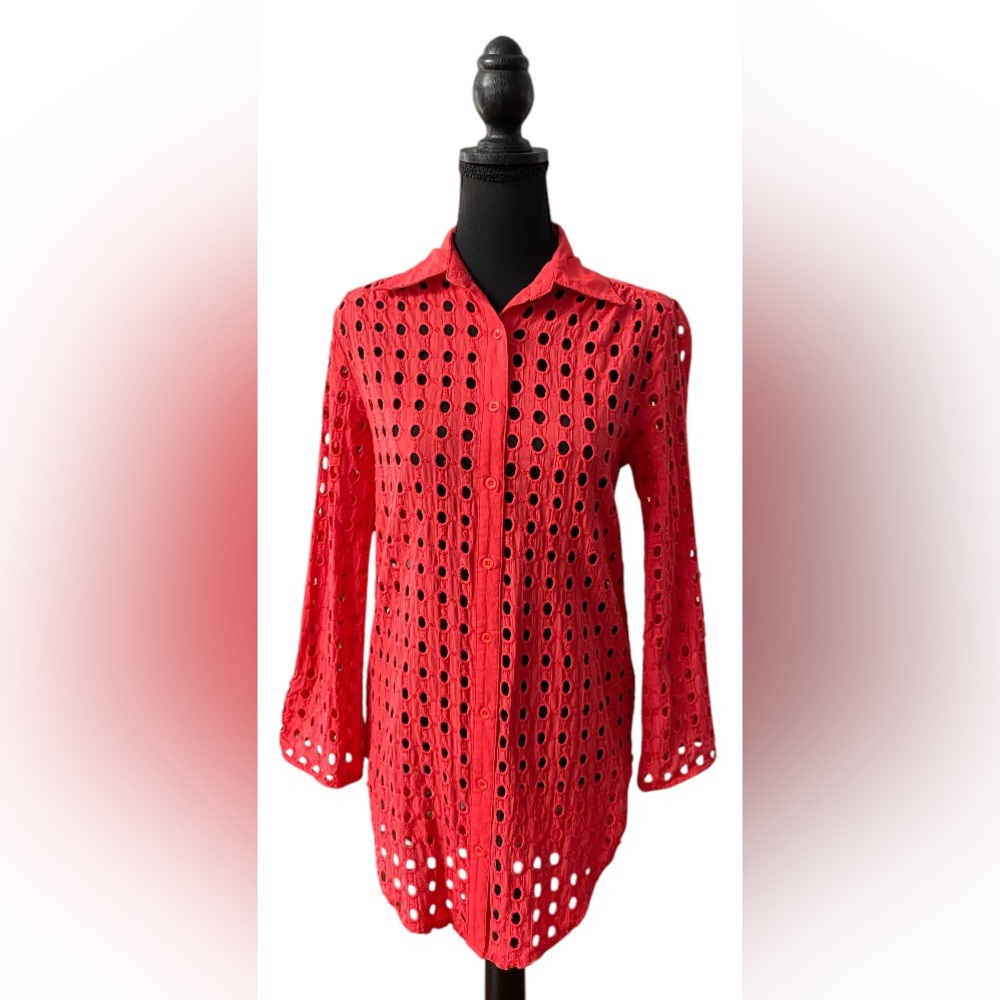 Adiva: Red Swiss Hole Button Down Shirt